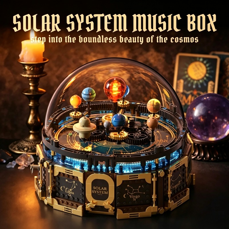 Solar System Orrery - ソーラーシステムオルゴール組み立てブロックセット 回転式惑星オーリェリーモデル LEDライト付き DIY組み立てブロック おもちゃ 大人向けギフト