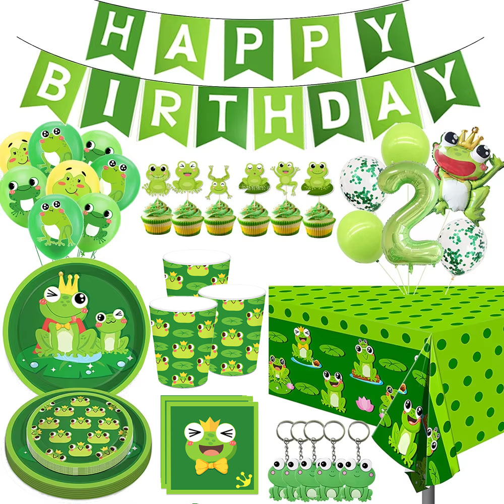 Science Of Happiness - カエルの誕生日パーティーデコレーション Happy Birthady バナー風船 使い捨て食器 ケーキトッパー